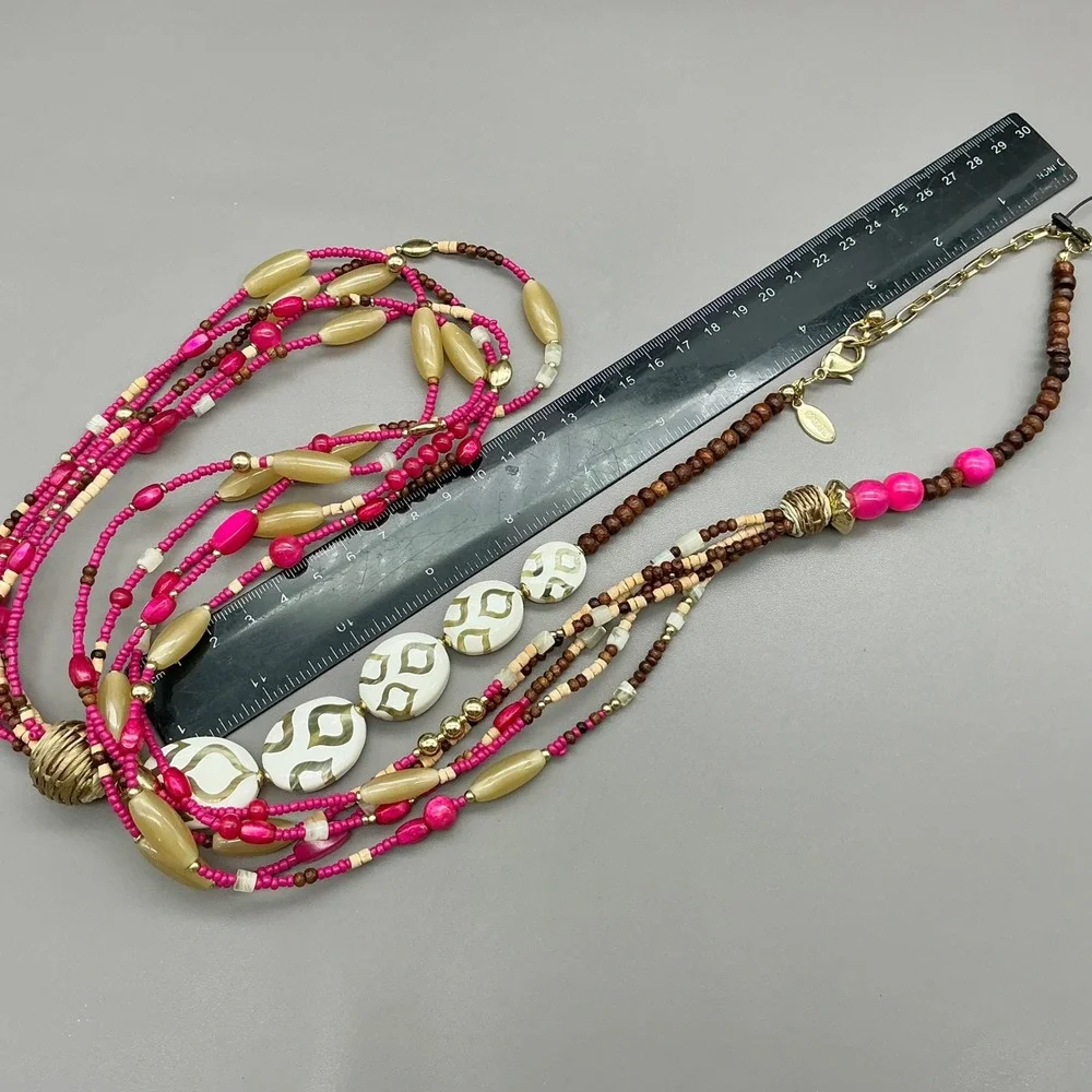 Chico's Necklace Pink Brown Multi Strand Seed Bead Statement Boho Gold Tone